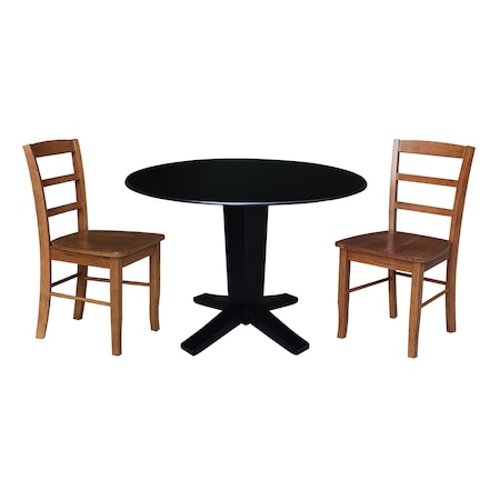 International Concepts 42 in. Solid Wood Dual Drop Leaf Dining Table with 2 Chairs in Black/Distressed Oak K46-42DPT-23-C42-2-2